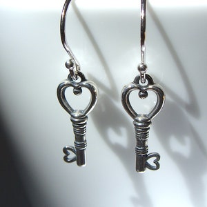 Heart Skeleton Key Earrings Small Sterling Silver Key Dangle Earrings Key Jewelry Key Gift