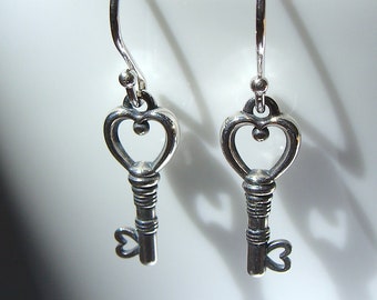 Heart Skeleton Key Earrings Small Sterling Silver Key Dangle Earrings Key Jewelry Key Gift