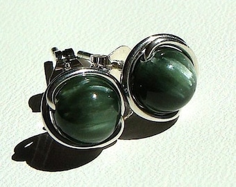 Seraphinite Studs 6mm Seraphinite Earrings Wire Wrapped in Sterling Silver Seraphinite Post Earrings