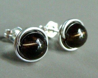 Smoky Quartz Studs 8mm Round Quartz Post Earrings Wire Wrapped in Sterling Silver Stud Earrings