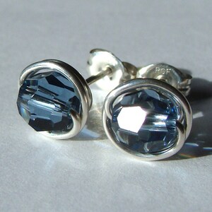 Denim Blue Studs 6mm or 4mm Denim Blue Swarovski Crystal Post Earrings Wire Wrapped in Sterling Silver Stud Earrings Denim Studs