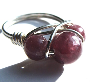 Lepidolite Ring Three Stone Ring Lepidolite Jewelry Wrapped In Sterling Silver