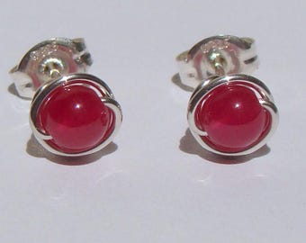 Ruby Studs 4mm Tiny Lab Ruby Post Earrings Wire Wrapped in Sterling Silver Ruby Birthstone Earrings