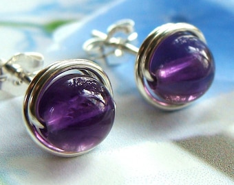 Amethyst Studs Amethyst Earrings 6mm 8mm Birthstone Earrings Wire Wrapped in Sterling Silver Post Earrings