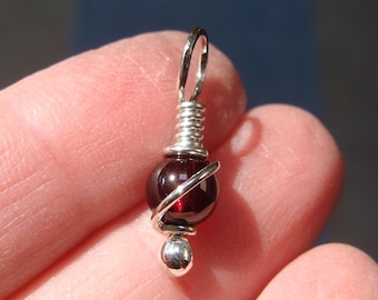 Tiny Garnet Pendant 6mm Round Garnet Charm Garnet Wrapped in Sterling Silver Pendant Slide