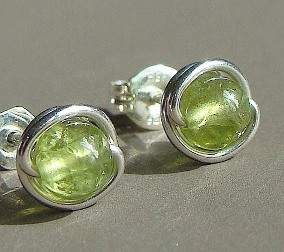 Peridot Studs Peridot Earrings Tiny Peridot Post Earrings Wire Wrapped in Sterling Silver Stud Earrings Birthstone Earrings Peridot Studs