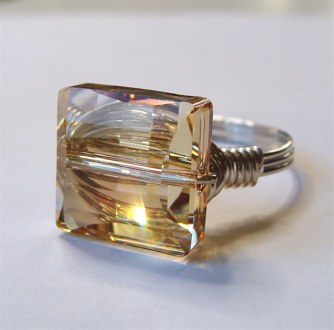 Square Crystal Golden Shadow Ring Swarovski Crystal Stairway Ring ...
