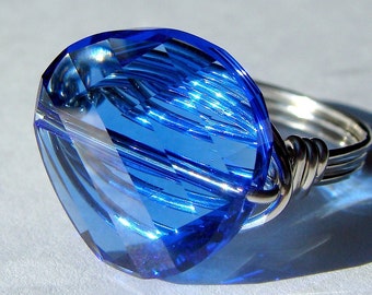 14mm Sapphire Blue Swarovski Crystal and Sterling Silver Cocktail Ring Sapphire Statement Ring Wrapped Sapphire