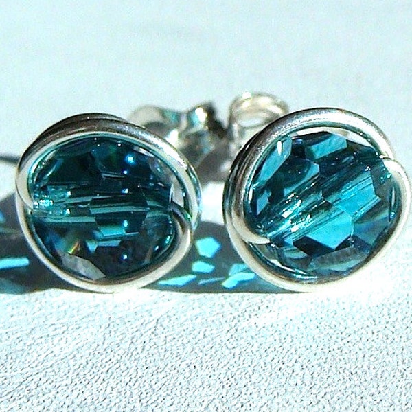 Blue Zircon Crystal Studs 6mm or 4mm Blue Zircon Swarovski Crystal Earrings Stud Earrings in Sterling Silver Post Earrings Studs