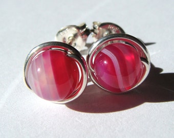6mm Striped Pink Agate Studs Agate Post Earrings in Sterling Silver Stud Earrings