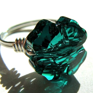 Green Four Leaf Clover Ring St. Patrick&#39;s Day Lucky Clover Novelty Ring Green Swarovski Crystal and Sterling Silver Ring Statement Ring