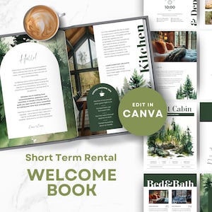 Libro degli ospiti Airbnb Pino, Cabina del libro di benvenuto, Guida, Stampabile e digitale, Modello modificabile, Foresta, Libro degli ospiti, Noleggio, Verde SS04