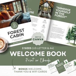 Libro degli ospiti Airbnb Pino, Cabina del libro di benvenuto, Guida, Stampabile e digitale, Modello modificabile, Foresta, Libro degli ospiti, Noleggio, Verde SS07