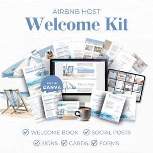 Airbnb Host Bundle Template, Coastal Blue Beach House, Cottage, Lake House, Welcome Book, Editable Airbnb Signs, Airbnb Printables SS05