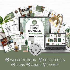 Modello di pacchetto di benvenuto per libro degli ospiti di Airbnb, pino, verde foresta, libro di benvenuto, cartelli Airbnb modificabili, materiale stampabile Airbnb, pacchetto host SS07