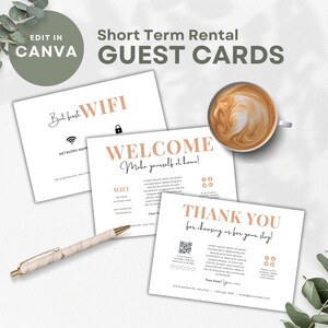 Cartão de boas-vindas editável do anfitrião do Airbnb para hóspedes Modelo de cartão de agradecimento do anfitrião do Airbnb Editável Modelo de marketing de aluguel do Canva Código QR SS01