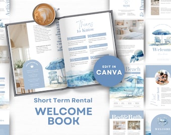 Coastal Beach House Welcome Book: Editable Canva Template (Digital Download)