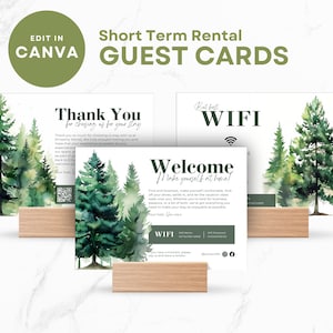 Bewerkbare welkomstkaart voor Airbnb-host voor gasten, bedanksjabloon voor Airbnb-host, bewerkbare Canva-verhuurmarketing, QR-code, Pine Tree SS04