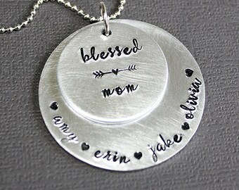 Blessed Mom Necklace - Hand Stamped Accessories - Personalized - Custom Kids Names