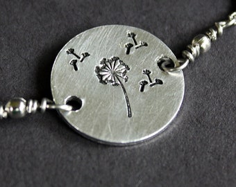 Dandelion - Hand Stamped Adjustable Bolo Bracelet - Slide Bracelet