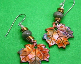 Painted Fall Leaf Earrings - Hand Stamped Copper Charms