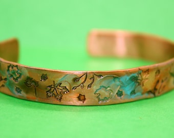 Painted Fall Leaf Cuff Bracelet - Copper Jewelry