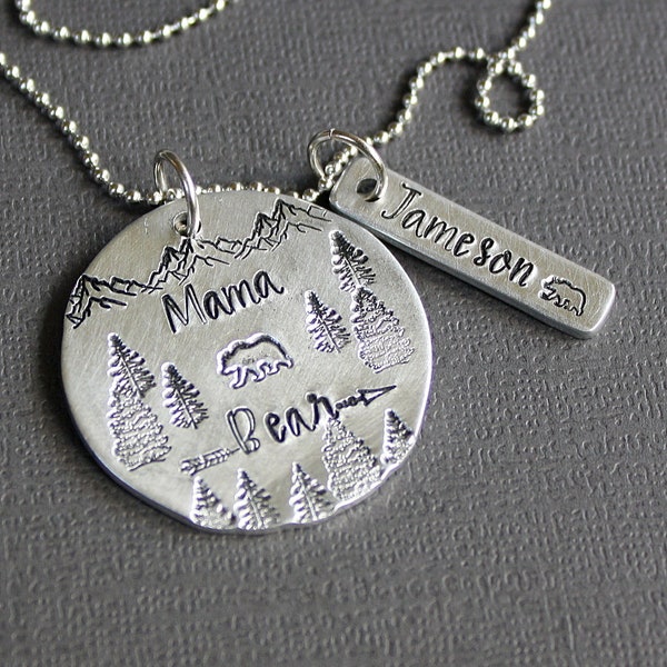 Mama Bear Necklace - Hand Stamped Jewelry - Personalized - Custom Kids Names