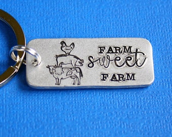 Farm Sweet Farm Key Chain - Hand Stamped Key Ring