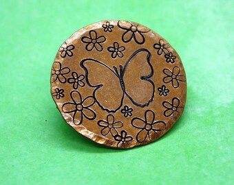 Butterfly Daisy Pin - Stamped Copper Pendant - Resin - Pinback