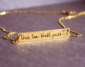 This Too Shall Pass Necklace - Bar Necklace - Hand Stamped Jewelry - Gold Stainless Steel