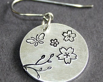 Cherry Blossom Earrings - Hand Stamped Jewelry - Surgical Steel Ear Wires - Aluminum Disc