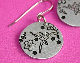 Ballerina Earrings - Hand Stamped Jewelry - Stainless Steel Ear Wires - Aluminum Disc