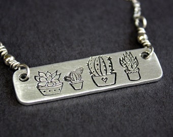 Cactus Necklace - Hand Stamped Jewelry - Succulent Jewelry - Aluminum and Stainless Steel