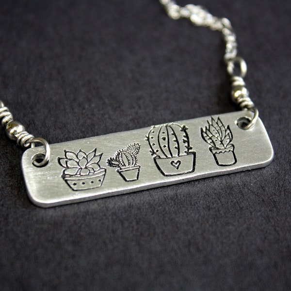 Cactus Necklace - Hand Stamped Jewelry - Succulent Jewelry - Aluminum and Stainless Steel
