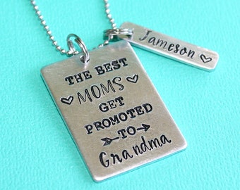 The Best Moms Are Promoted To Grandma Necklace - Hand Stamped Jewelry - Personalized - Custom Grand Kids Names