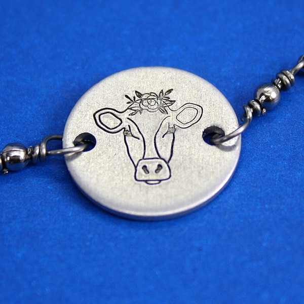 Cow - Hand Stamped Adjustable Bolo Bracelet - Message Jewelry - Slide Bracelet
