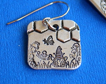 Bee Gnome Earrings - Hand Stamped Jewelry - Stainless Steel Ear Wires - Aluminum Square