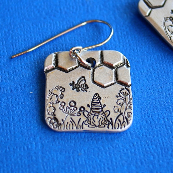 Bee Gnome Earrings - Hand Stamped Jewelry - Stainless Steel Ear Wires - Aluminum Square