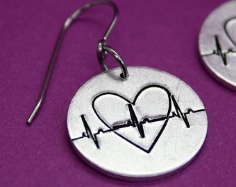 Heartbeat Earrings - Hand Stamped Jewelry - Surgical Steel Ear Wires - Aluminum Disc