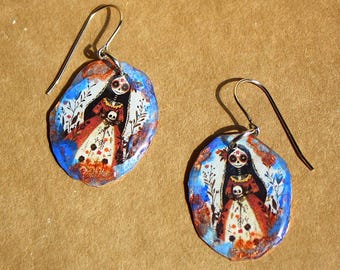 Folk Art Sugar Skull Earrings - Copper