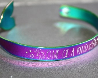 One Of A Kind - Hand Stamped Cuff Bracelet - Message Jewelry - Rainbow Plated Stainless Steel Mermaid Tail