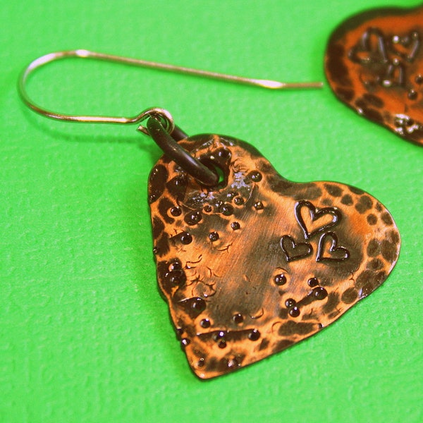 Rustic Heart Earrings - Stamped Copper Hearts