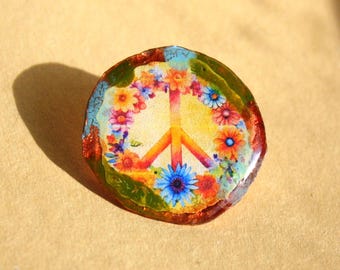 Floral Peace Sign Pin - Copper