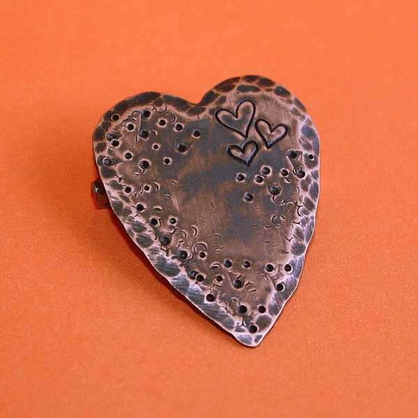 Rustic Heart Pin - Stamped Copper Pendant - Resin - Pinback
