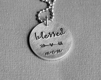 Blessed Mom - Hand Stamped Necklace - Aluminum and Stainless Steel