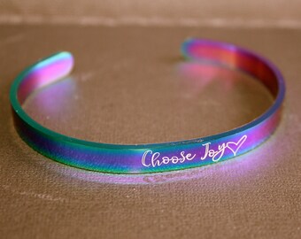 Choose Joy - Hand Stamped Cuff Bracelet - Message Jewelry - Rainbow Plated Stainless Steel
