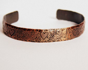 Rustic Heart Cuff Bracelet - Copper Jewelry