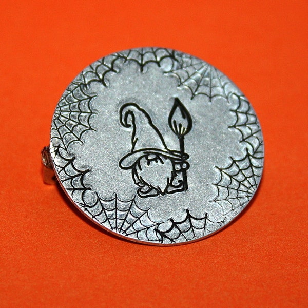 Witch Gnome Pin - Hand Stamped Jewelry - Pinback