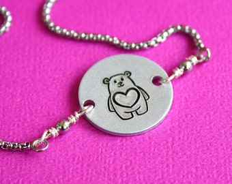 Love Bear - Hand Stamped Adjustable Bolo Bracelet - Slide Bracelet