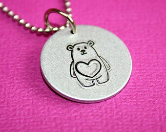 Love Bear - Hand Stamped Necklace - Message Jewelry - Necklace - Pendant